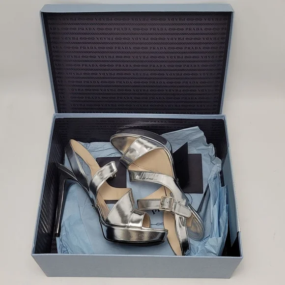 Prada Metallic Silver Platform Slingeback Strappy Straps Heel Sandals Size 39.5 - Picture 15 of 16